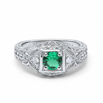 14K White Gold 0.15ct Round Antique Style 5mm G SI Nano Emerald Diamond Engagement Wedding Ring Size 6.5